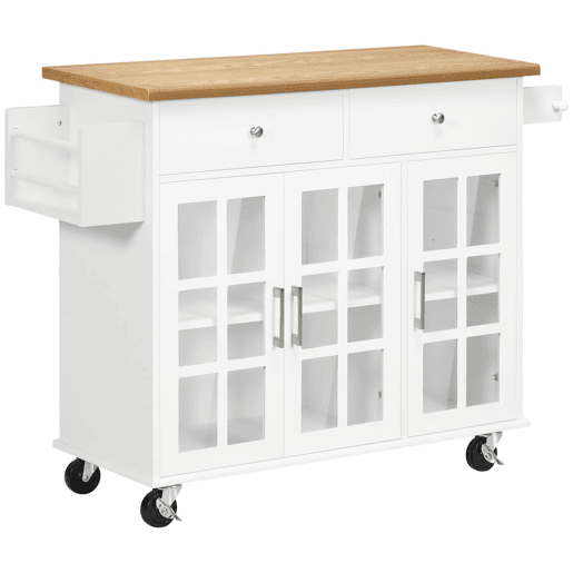 HOMCOM Carrinho de Cozinha Ilha de Cozinha com Rodas Multifuncional com 2 Gavetas 3 Portas de Vidro Temperado Suporte para Panos e Temperos 124,5x39,5x90 cm Branco e Madeira