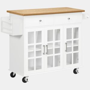 HOMCOM Carrinho de Cozinha Ilha de Cozinha com Rodas Multifuncional com 2 Gavetas 3 Portas de Vidro Temperado Suporte para Panos e Temperos 124,5x39,5x90 cm Branco e Madeira