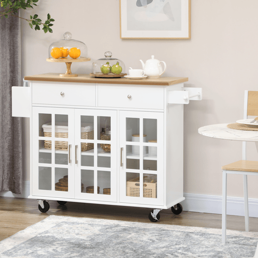 HOMCOM Carrinho de Cozinha Ilha de Cozinha com Rodas Multifuncional com 2 Gavetas 3 Portas de Vidro Temperado Suporte para Panos e Temperos 124,5x39,5x90 cm Branco e Madeira