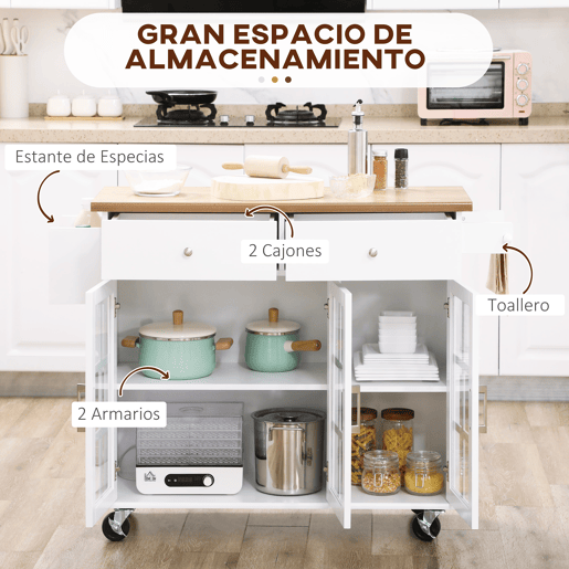 HOMCOM Carrinho de Cozinha Ilha de Cozinha com Rodas Multifuncional com 2 Gavetas 3 Portas de Vidro Temperado Suporte para Panos e Temperos 124,5x39,5x90 cm Branco e Madeira