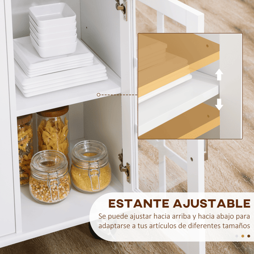 HOMCOM Carrinho de Cozinha Ilha de Cozinha com Rodas Multifuncional com 2 Gavetas 3 Portas de Vidro Temperado Suporte para Panos e Temperos 124,5x39,5x90 cm Branco e Madeira