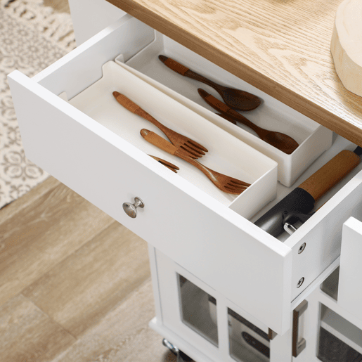 HOMCOM Carrinho de Cozinha Ilha de Cozinha com Rodas Multifuncional com 2 Gavetas 3 Portas de Vidro Temperado Suporte para Panos e Temperos 124,5x39,5x90 cm Branco e Madeira