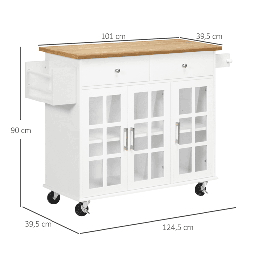 HOMCOM Carrinho de Cozinha Ilha de Cozinha com Rodas Multifuncional com 2 Gavetas 3 Portas de Vidro Temperado Suporte para Panos e Temperos 124,5x39,5x90 cm Branco e Madeira