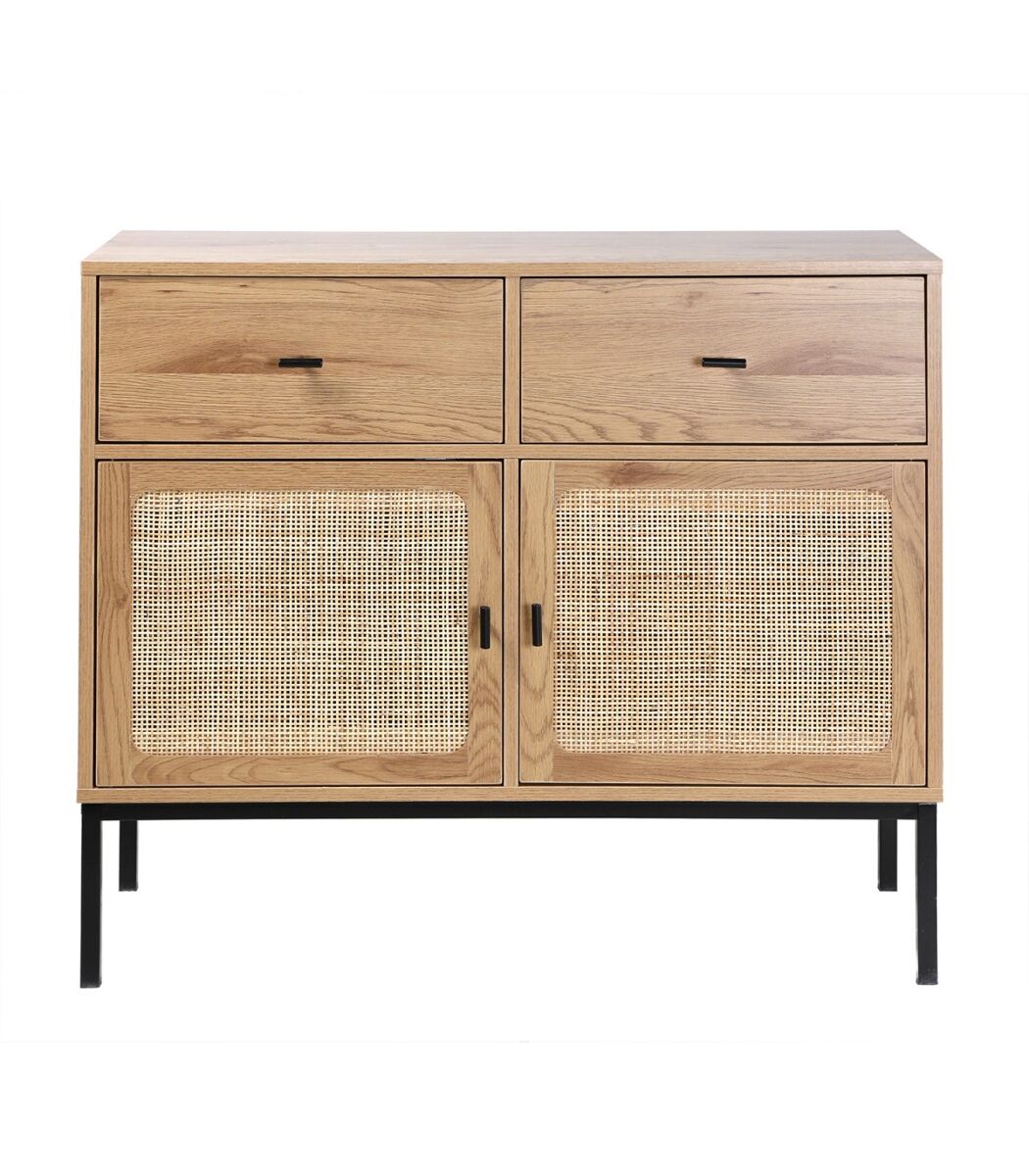 Cómoda 2 puertas 2 cajones con rejilla de ratán - 90 cm