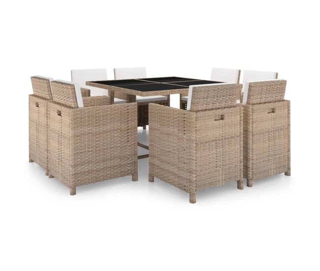 Set comedor de jardín 9 piezas y cojines ratán sintético beige vidaxl