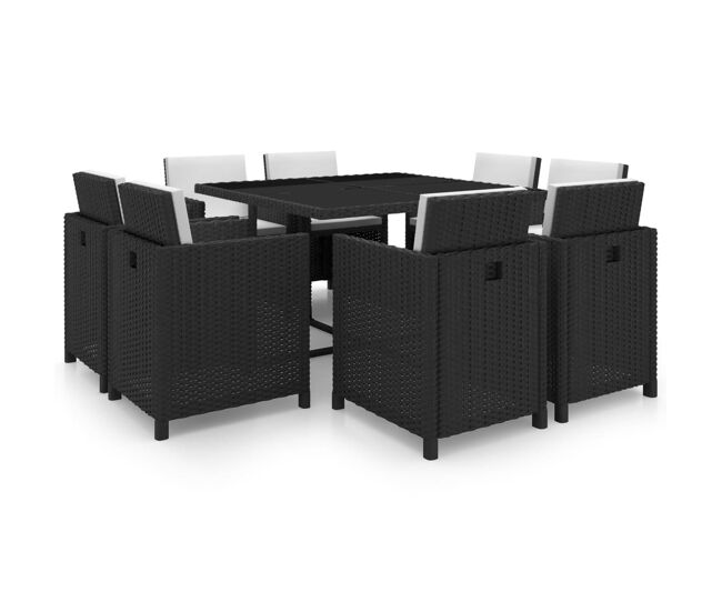 Set comedor de jardín 9 piezas y cojines ratán sintético negro vidaxl