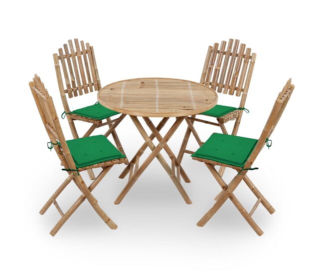Juego de comedor de jardín plegable 5 piezas bambú con cojines vidaxl