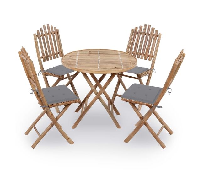 Juego de comedor de jardín plegable 5 piezas bambú con cojines vidaxl