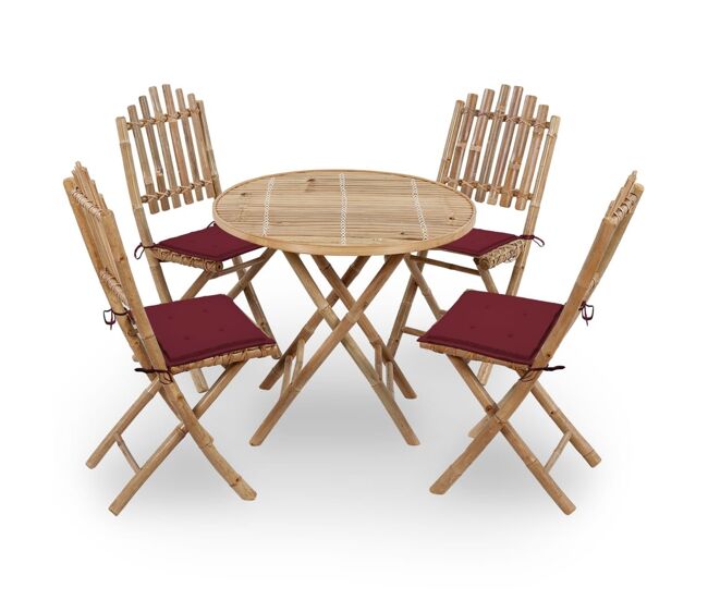 Juego de comedor de jardín plegable 5 piezas bambú con cojines vidaxl
