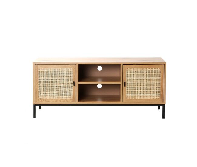 Mueble de TV 2 puertas con rejilla de ratán y 2 baldas L120 cm - JAYA