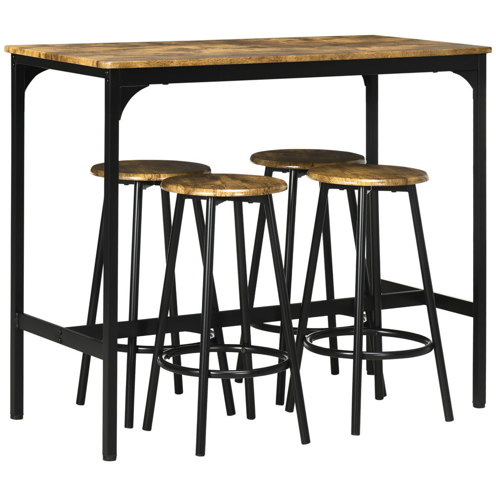 Homcom conjunto mesa alta de cocina con 4 taburetes, mesa de bar alta, ahorro de espacio, para pisos pequeños, comedor, balcón o isla cocina 110x50x89,5 cm, marrón rústico y negro