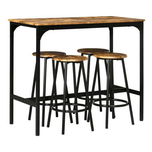 HOMCOM Conjunto de Móveis Altos Mesa e Cadeiras de Bar com 5 Peças Mesa de Refeição Industrial e 4 Bancos Redondos com Estrutura de Metal para Pub Sala de Jantar Marrom Rústico e Preto