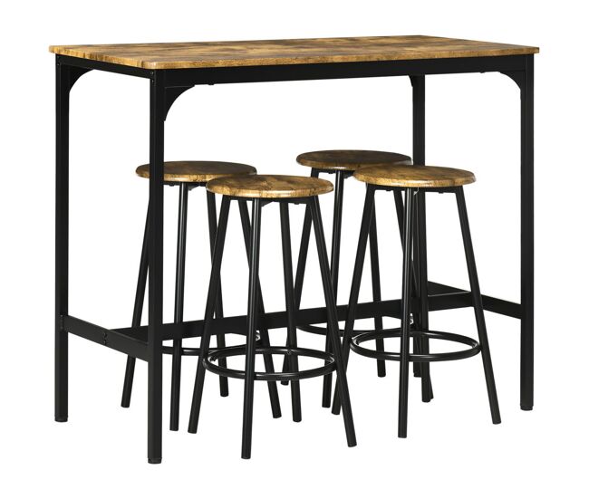 Homcom conjunto mesa alta de cocina con 4 taburetes, mesa de bar alta, ahorro de espacio, para pisos pequeños, comedor, balcón o isla cocina 110x50x89,5 cm, marrón rústico y negro