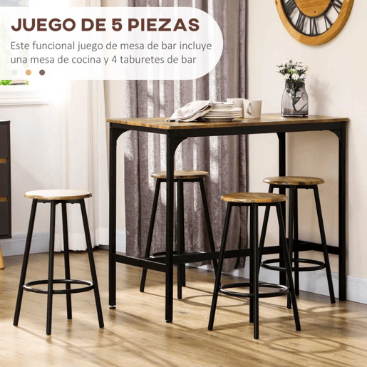 HOMCOM Conjunto de Móveis Altos Mesa e Cadeiras de Bar com 5 Peças Mesa de Refeição Industrial e 4 Bancos Redondos com Estrutura de Metal para Pub Sala de Jantar Marrom Rústico e Preto