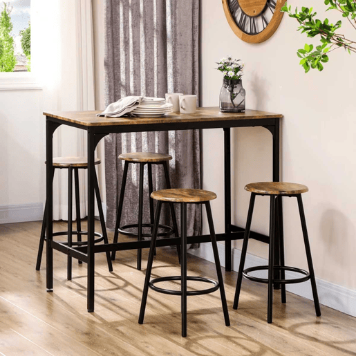 HOMCOM Conjunto de Móveis Altos Mesa e Cadeiras de Bar com 5 Peças Mesa de Refeição Industrial e 4 Bancos Redondos com Estrutura de Metal para Pub Sala de Jantar Marrom Rústico e Preto