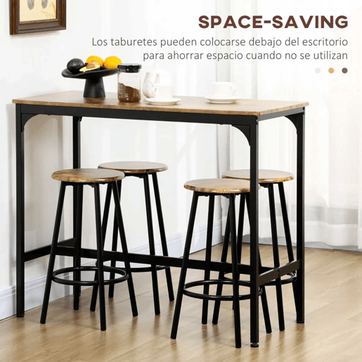 HOMCOM Conjunto de Móveis Altos Mesa e Cadeiras de Bar com 5 Peças Mesa de Refeição Industrial e 4 Bancos Redondos com Estrutura de Metal para Pub Sala de Jantar Marrom Rústico e Preto