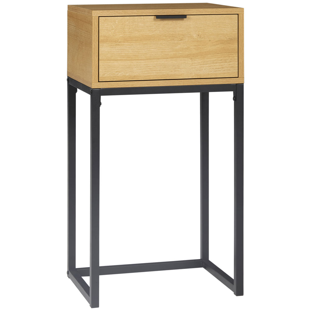 Homcom mesa auxiliar para sofá mesita auxiliar moderna con cajón con patas de acero para pasillo salón dormitorio 40x30x76 cm natural