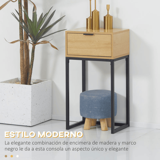 HOMCOM Mesa Consola com Gaveta Consola Moderna Mesa de Entrada com Pés de Aço para Corredor Sala de Estar Dormitório 40x30x76 cm Madeira e Preto