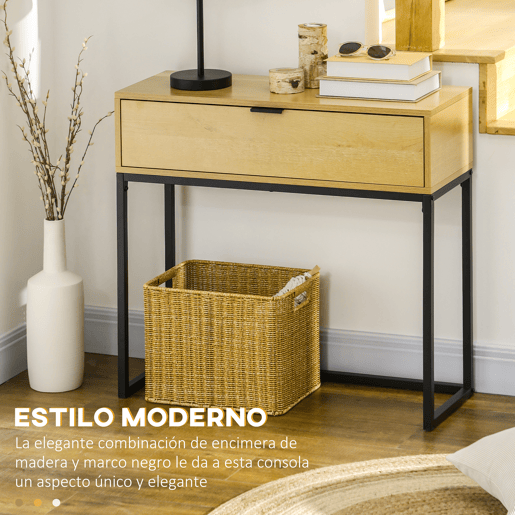 HOMCOM Mesa Consola com Gaveta Consola Moderna Mesa de Entrada com Pés de Aço para Corredor Sala de Estar Dormitório 80x30x76 cm Madeira e Preto