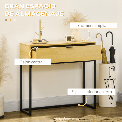 HOMCOM Mesa Consola com Gaveta Consola Moderna Mesa de Entrada com Pés de Aço para Corredor Sala de Estar Dormitório 80x30x76 cm Madeira e Preto