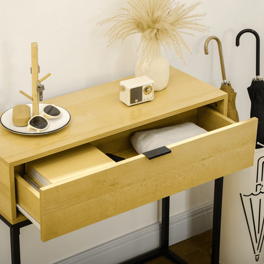 HOMCOM Mesa Consola com Gaveta Consola Moderna Mesa de Entrada com Pés de Aço para Corredor Sala de Estar Dormitório 80x30x76 cm Madeira e Preto