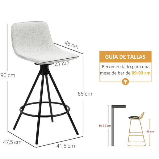 HOMCOM Conjunto de 2 Bancos Altos de Cozinha com Assento Giratório Bancos de Bar Estofados com Tato de Linho e Encosto e Pés de Aço para Sala de Jantar 41,5x47,5x90 cm Cinza Claro