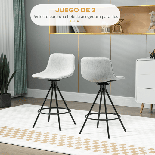 HOMCOM Conjunto de 2 Bancos Altos de Cozinha com Assento Giratório Bancos de Bar Estofados com Tato de Linho e Encosto e Pés de Aço para Sala de Jantar 41,5x47,5x90 cm Cinza Claro