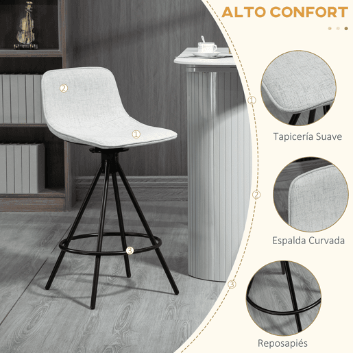 HOMCOM Conjunto de 2 Bancos Altos de Cozinha com Assento Giratório Bancos de Bar Estofados com Tato de Linho e Encosto e Pés de Aço para Sala de Jantar 41,5x47,5x90 cm Cinza Claro