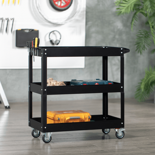 DURHAND Carrinho de Ferramentas com Rodas Carro de Ferramentas de Oficina de Aço com 3 Prateleiras de Armazenamento e Alça Lateral para Garagem Oficina Carga Máxima 150kg 83x35,3x76 cm Preto