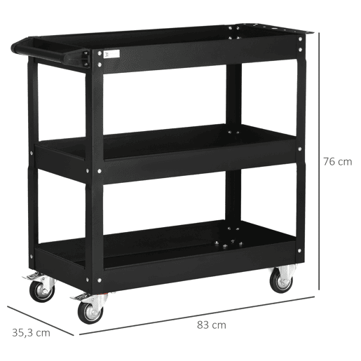DURHAND Carrinho de Ferramentas com Rodas Carro de Ferramentas de Oficina de Aço com 3 Prateleiras de Armazenamento e Alça Lateral para Garagem Oficina Carga Máxima 150kg 83x35,3x76 cm Preto