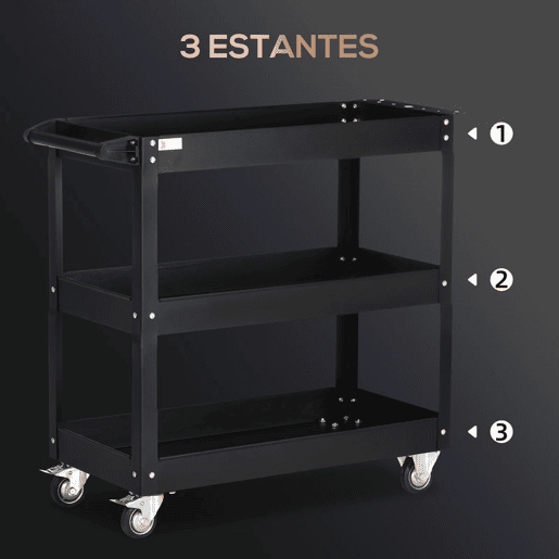 DURHAND Carrinho de Ferramentas com Rodas Carro de Ferramentas de Oficina de Aço com 3 Prateleiras de Armazenamento e Alça Lateral para Garagem Oficina Carga Máxima 150kg 83x35,3x76 cm Preto