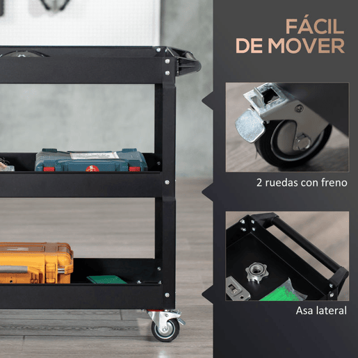DURHAND Carrinho de Ferramentas com Rodas Carro de Ferramentas de Oficina de Aço com 3 Prateleiras de Armazenamento e Alça Lateral para Garagem Oficina Carga Máxima 150kg 83x35,3x76 cm Preto