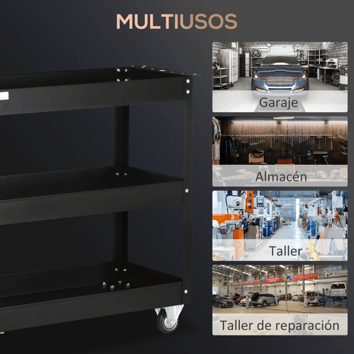DURHAND Carrinho de Ferramentas com Rodas Carro de Ferramentas de Oficina de Aço com 3 Prateleiras de Armazenamento e Alça Lateral para Garagem Oficina Carga Máxima 150kg 83x35,3x76 cm Preto