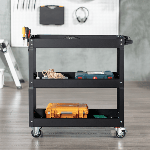 DURHAND Carrinho de Ferramentas com Rodas Carro de Ferramentas de Oficina de Aço com 3 Prateleiras de Armazenamento e Alça Lateral para Garagem Oficina Carga Máxima 150kg 83x35,3x76 cm Preto