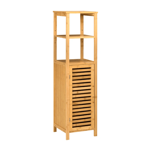 kleankin Armário Auxiliar Casa de Banho de Bambu Armário Casa de Banho com 2 Prateleiras Abertas e Porta de Ripas para Duche 32,9x29,9x120 cm Madeira