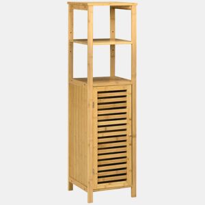 kleankin Armário Auxiliar Casa de Banho de Bambu Armário Casa de Banho com 2 Prateleiras Abertas e Porta de Ripas para Duche 32,9x29,9x120 cm Madeira