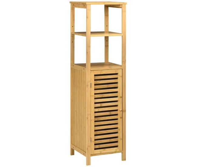 Kleankin armario auxiliar de baño de bambú estantería de baño con 2 estantes abiertos y puerta de rejilla para ducha salón 32,9x29,9x120 cm natural