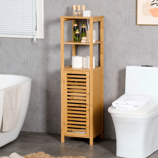 kleankin Armário Auxiliar Casa de Banho de Bambu Armário Casa de Banho com 2 Prateleiras Abertas e Porta de Ripas para Duche 32,9x29,9x120 cm Madeira