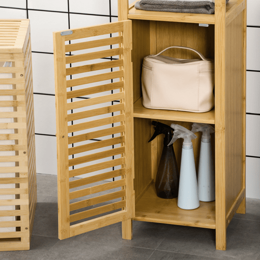 kleankin Armário Auxiliar Casa de Banho de Bambu Armário Casa de Banho com 2 Prateleiras Abertas e Porta de Ripas para Duche 32,9x29,9x120 cm Madeira