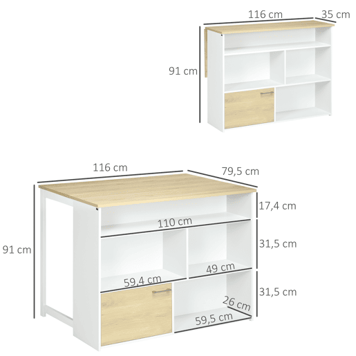 HOMCOM Mesa Alta Extensível com Lateral Dobrável Mesa de Bistró com Compartimentos de Armazenamento e 1 Porta para Cozinha Sala de Jantar 116x79,5x91 cm Branco