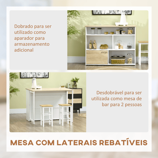 HOMCOM Mesa Alta Extensível com Lateral Dobrável Mesa de Bistró com Compartimentos de Armazenamento e 1 Porta para Cozinha Sala de Jantar 116x79,5x91 cm Branco