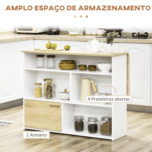 HOMCOM Mesa Alta Extensível com Lateral Dobrável Mesa de Bistró com Compartimentos de Armazenamento e 1 Porta para Cozinha Sala de Jantar 116x79,5x91 cm Branco