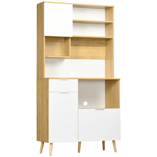 HOMCOM Armário de Cozinha Móvel Auxiliar de Cozinha com 3 Portas Gaveta Prateleira Ajustável Bancada para Micro-Ondas e Suporte para Panos 93x40x180 cm Madeira e Branco