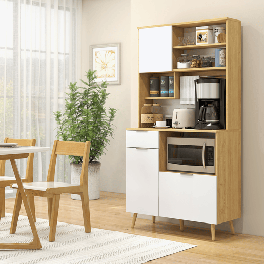HOMCOM Armário de Cozinha Móvel Auxiliar de Cozinha com 3 Portas Gaveta Prateleira Ajustável Bancada para Micro-Ondas e Suporte para Panos 93x40x180 cm Madeira e Branco