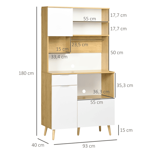 HOMCOM Armário de Cozinha Móvel Auxiliar de Cozinha com 3 Portas Gaveta Prateleira Ajustável Bancada para Micro-Ondas e Suporte para Panos 93x40x180 cm Madeira e Branco