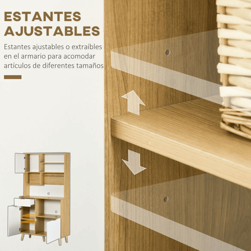 HOMCOM Armário de Cozinha Móvel Auxiliar de Cozinha com 3 Portas Gaveta Prateleira Ajustável Bancada para Micro-Ondas e Suporte para Panos 93x40x180 cm Madeira e Branco