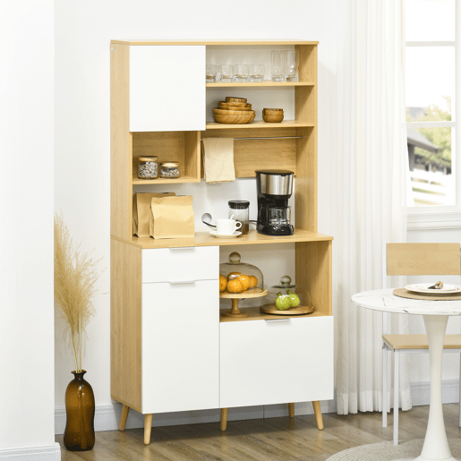 HOMCOM Armário de Cozinha Móvel Auxiliar de Cozinha com 3 Portas Gaveta Prateleira Ajustável Bancada para Micro-Ondas e Suporte para Panos 93x40x180 cm Madeira e Branco