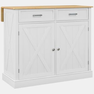 HOMCOM Ilha de Cozinha Carrinho de Cozinha com Bancada de Madeira Dobrável 2 Portas 2 Gavetas Prateleira Ajustável e 4 Rodas 105x60x90,5 cm Branco e Madeira