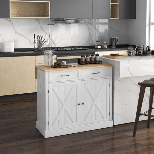 HOMCOM Ilha de Cozinha Carrinho de Cozinha com Bancada de Madeira Dobrável 2 Portas 2 Gavetas Prateleira Ajustável e 4 Rodas 105x60x90,5 cm Branco e Madeira