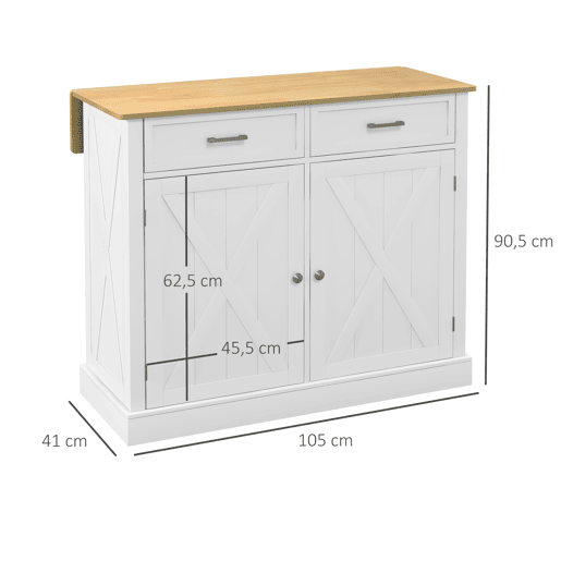 HOMCOM Ilha de Cozinha Carrinho de Cozinha com Bancada de Madeira Dobrável 2 Portas 2 Gavetas Prateleira Ajustável e 4 Rodas 105x60x90,5 cm Branco e Madeira